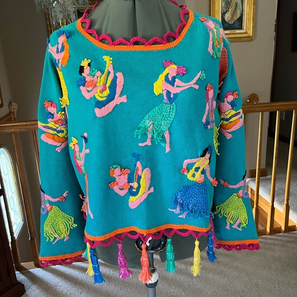 RARE Michael Simon L XL Dancing Hawaiian embroidered Women Sweater valentines